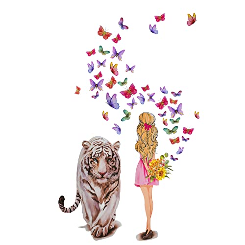 Vinilo Decorativo Tigre y Niña con Mariposas