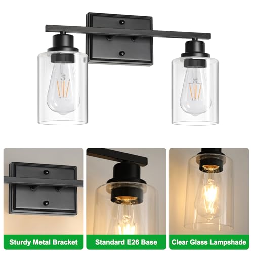 Image of Unicozin 2 Light Bathroom Light Fixtures, Modern Vanity Lights Over Mirror, Black Wall Lamp with Clear Glass for Living Room Cabinet Bedroom Porch