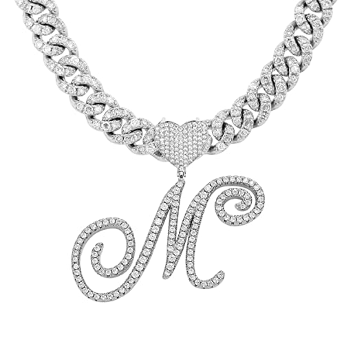 BLBLJERY M Initial Necklace Silver Cuban Link Chain for Women Iced Out Chain with Heart Letter Pendants Custom Chain Name Necklace Hip Hop Jewelry Gift