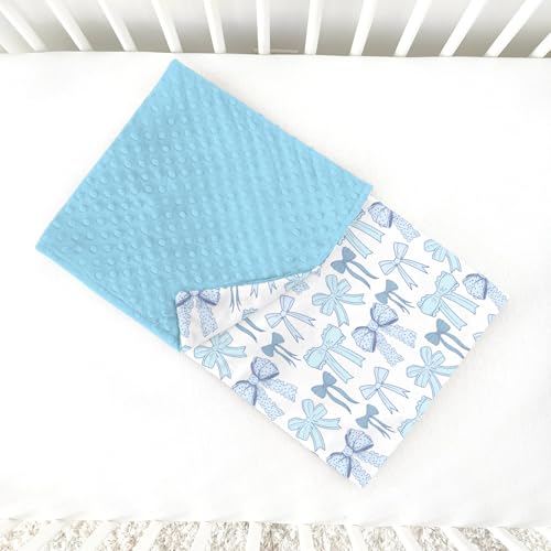 Image of Blue Baby Blankets for Boys 30 inch x 40 inch, Soft Double Layer Minky Blanket with Dotted Fleece Back, Nursery Bed Receiving Quilt for Newborn Infant Toddler Shower Gift Bow Ribbon Theme