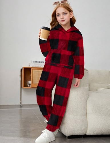 Image of Shallmu Girls Fuzzy Bear Ear Plaid Hoodie Pullover Sweatshirt with Pocket Sweatpants Fall Winter 2 Piece Outfits