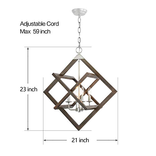Farmhouse Wood Pendant Lighting,Geometric Vintage Chandelier Ceiling Pendant Light, 4 Candle Holder Lights, Square Wood Hanging Lantern For Living Room Bedroom Kitchen Island Foyer, Hallway #TOP6