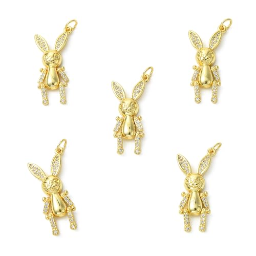 Ipotkitt 10Pcs Rabbit Brass Micro Pave Clear Cubic Zirconia Charm Pendant Animal Ornaments for DIY Bracelets Necklaces Making - 30x13.5mm
