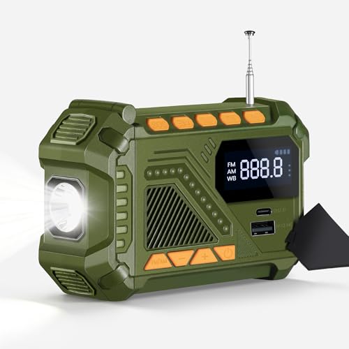 Image of Solar Hand Crank Emergency Radio, NOAA Weather Radio, Radio Portable AM /FM /WB, Flashlight and SOS Alert for Indoor /Outdoor Emergency(Olive Green)