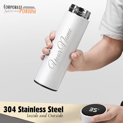 Image of CORPORATE PORIUM Your Name Printed Stainless Steel Vacuum Insulated Bottle With Tea Filter | 500 ML | Easy to Carry | Leakproof Personalized Gift Flask | Permanent Printing (White)