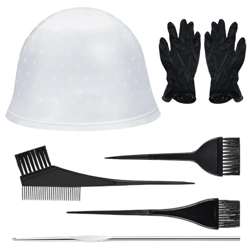 Lot de 7 bonnets de coloration en silicone pré-percés avec trous, brosse de coloration, crochets à cheveux et gants pour femmes et filles