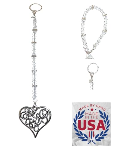 Hidden Hollow Beads Crystal Sun Catcher Car Charm, Rear View Mirror Hanging Ornament, Window Prism Decor, USA (Heart)