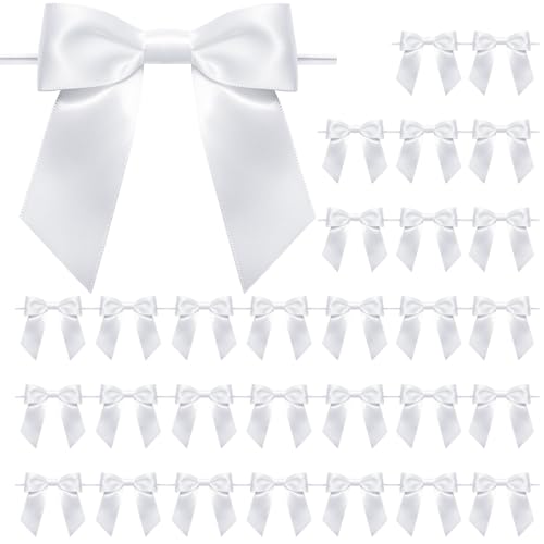 WRAPAHOLIC 30 Pcs 3" White Satin Ribbon Bows with Twist Tie - Pretied Premade Craft Bows for Christmas Party Crafts Treat Bags Gift Wrapping Wedding Birthday Baby Shower
