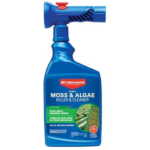 BioAdvanced 2-in-1 Moss and Algae Killer for Lawns, Moss Killer for Roofs, Patios, Decks, and Deck Cleaner, 32 oz