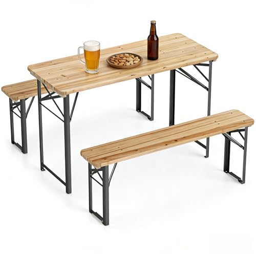 COSTWAY Folding Picnic Table, Foldable Fir Wood Picnic Table with Benches Set for 4 People, Wooden Beer Table Metal Frame for Outdoor BBQ Party, Garden, Backyard