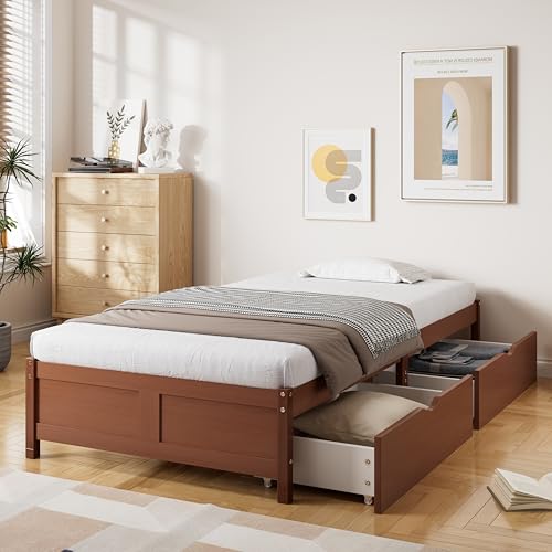Merax Holzbett 90x200cm, Einzelbett mit Zwei Schubladen auf Rollen, Flachbetten mit Stabile Lattenroste, Ohne Kopfteil, Kinderbett Futonbett Bettrahmen für Erwachsene Teenager, Kiefer+MDF, Rotbraun