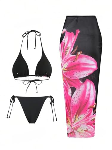 ZAFUL Womens 3pcs Swimsuit Floral Halter Triangle Bikini Top Tie Side Bottom with Long Sheer Cover Up Skirt2