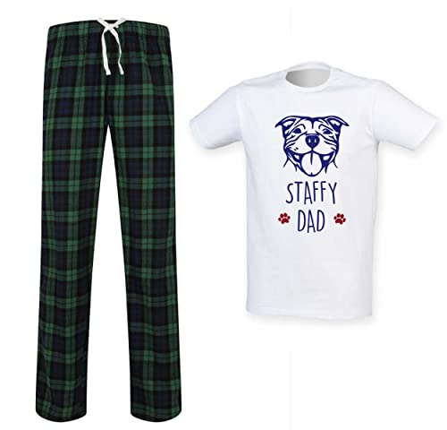 60 Second Makeover Limited Staffy Dad Tartan Trouser Mens Pyjamas Set Fathers Day Pet Clothes Dog Dad Gifts Staffy Gifts For Men Pjs Staffordshire Bull Terrier Green - L