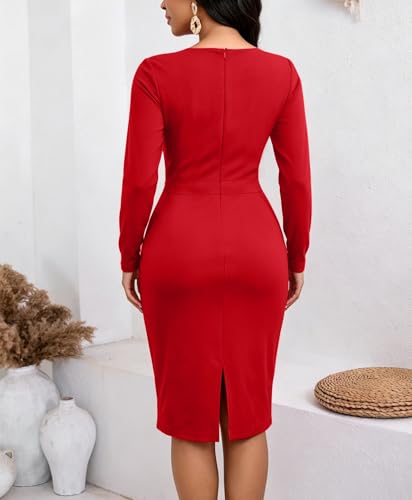 Image of Funeral Church Dresses for Women Formal Long Sleeve Wrap Business Work Dress Vintage Ruched Midi Pencil Dress