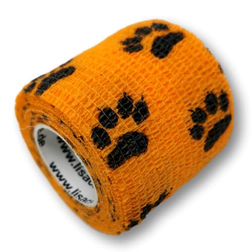LisaCare Wundversorgung Hund - 2 Rollen 5cm breit - Fixierverband für Haustiere & Pferde - kohäsiv, selbsthaftend, elastisch - Riesige Farb- & Motivauswahl (Pfote Orange)