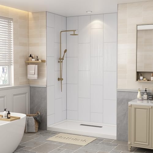 Bathlink Shower Wall Panels Waterproof, 32D x 60W x 96H, Solid Surface Shower Wall Panels, Shower Surround Wall Kit, White Wood Grain Finish, 1/8" (3mm) Thick, Trimmable