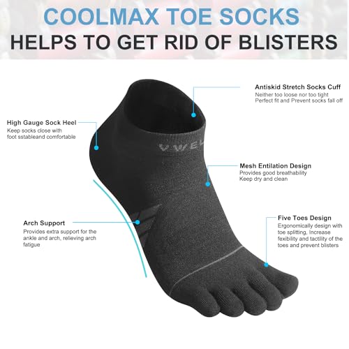 VWELL Toe Socks for Men/Women, COOLMAX Five Finger Socks, Compression Athletic Running Socks Ankle Toe Socks (3Pairs)3
