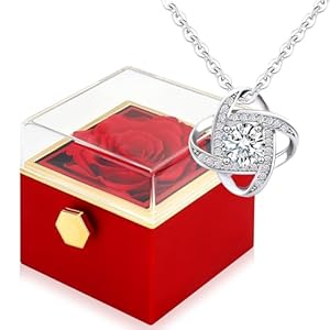 Preserved Red Real Rose with 925 Sterling Silver Love Knot Necklace Eternal Forever Flowers Gift for Girlfriend, Wife Daughter Mom on Birthday Valentines Day Anniversary Red Box