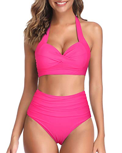 Tempt Me Women s Vintage Swimsuits Hot Pink Retro Halter Ruched High Waist Bikini M
