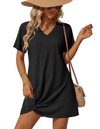 Ekouaer Women's Coverup Short Sleeve Swimsuit Cover Ups 2026 Summer Bathing Suit Cover Twisted Cover Up Dress (Black, Large)