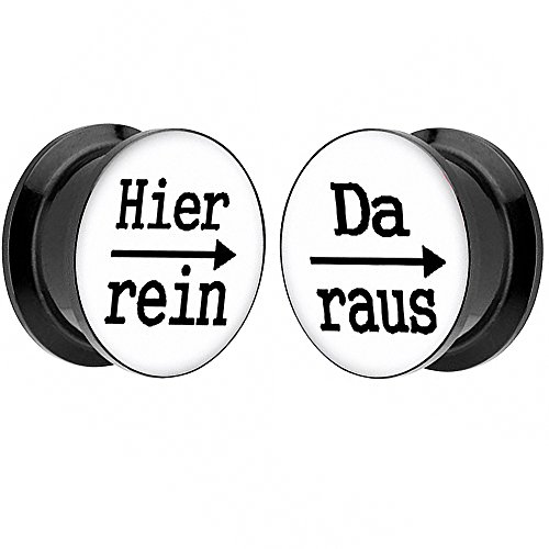Piersando 1 paire de 2 plugs d'oreille en plastique avec inscription en allemand « Hier rein Da raus » - Noir - Motif Comic Picture, 6mm, Plastique