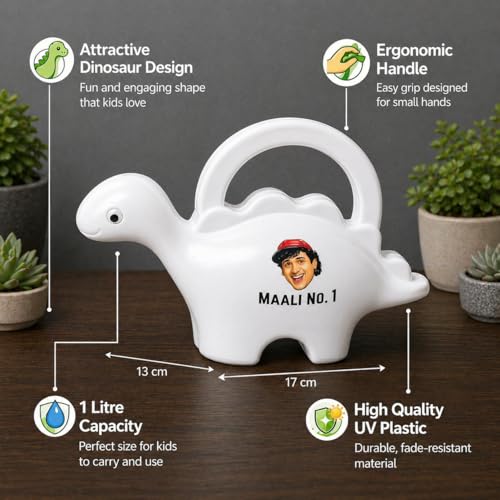 Image of Dinosaur Watering Can for Kids | 1 Litre | Plastic Dinosaur with Moving Eyes | Leak Proof, Lightweight, Easy Grip Watering Can | Kids Return Gifts | 10 Inches (Maali No. 1 White)