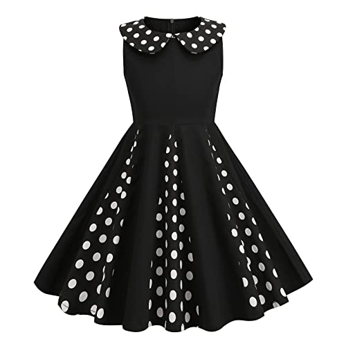50'S Style Dress Girls Vintage Polka Dot Dress Doll Collar Patchwork Retro 50S Dresses Kids Audrey Hepburn Dresses 1950S Rockability Swing Dress Casual Skater Party Dress Black-Patchwork 9-10 Years #TOP16
