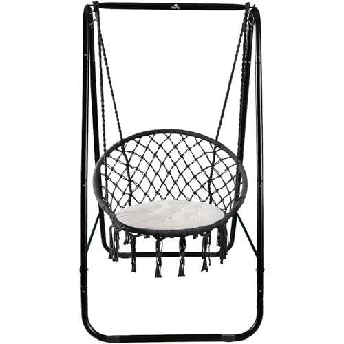 Image of Dolphy Hammock Chair | Stand with Backrest Hanging Swing Chair | Extended Macrame Hanging Cotton Rope Chair with a White Pillow for Adults, Kids | Indoor and Outdoor(Black)