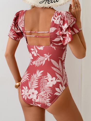 Image of Eomenie Women's Tummy Control One Piece Swimsuit Ruffle Square Neck Bathing Suit Ruched Cutout Back Slimming Swimwear