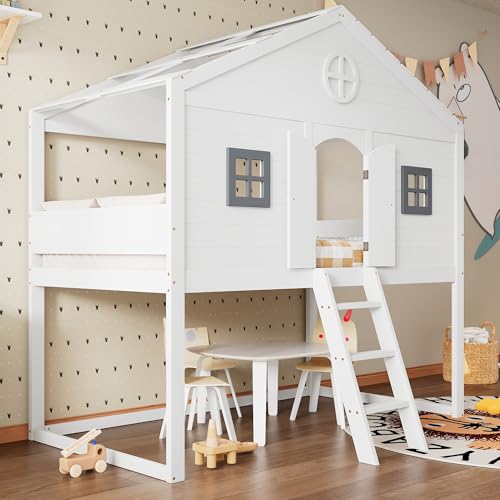 Kelodan Cama de casa, 90 x 200 cm con escalera, con protección contra caídas y rejilla, dos ventanas grises, cuna con ventana, cama de bajo diseño, marco de pino+MDF, color blanco y gris