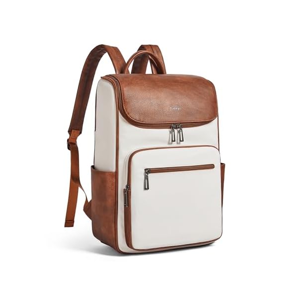 leather travel backpack for men and women, flap top laptop backpack fits 17.3 inch computer with luggage strap and separate padded compartment, beige