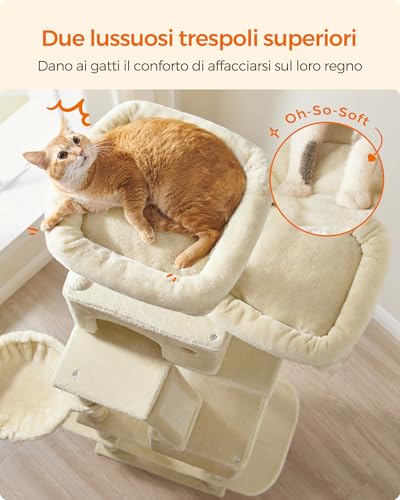 Image of Feandrea Cat Tree, 81.1-Inch Large Cat Tower, Multi-Level Plush Condo with 13 Scratching Posts, 2 Perches, 2 Caves, Basket, Hammock, Pompoms, Beige UPCT190M01