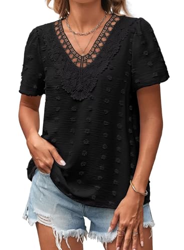 Falechay Womens Summer Tops Short Flutter Sleeve Black Swiss Dot Blouse For Women Flowy Lace Bohemian Peplum Womens Shirts V Neck Peasant Fall Business Womens Blouses Loose L