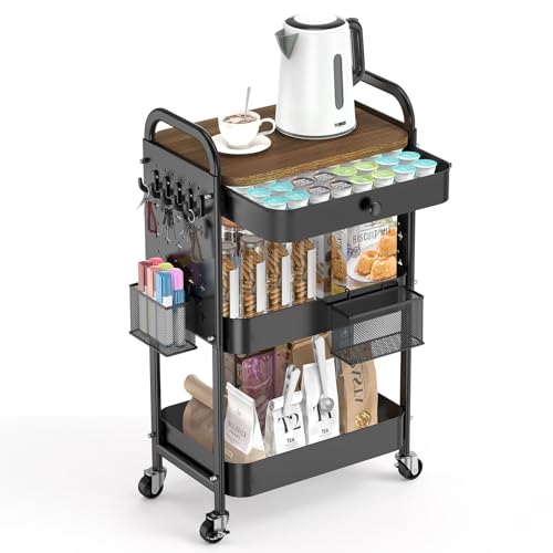Image of ALVOROG Rolling Cart with Drawer and Wood Table Top, 3 Tier Metal Rolling Utility Cart on Wheels with DIY Pegboards, Hanging Baskets, Hooks for Bedroom,Office,Craft Supplies (Black)