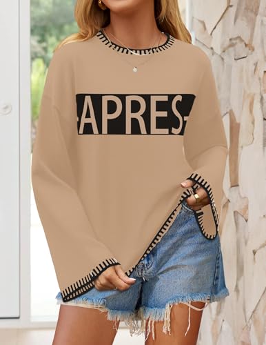 Sweaters for Women Crewneck Loose Long Sleeve Contrast Pullover Graphic Whip Stitch Sweater Jumper Tops2