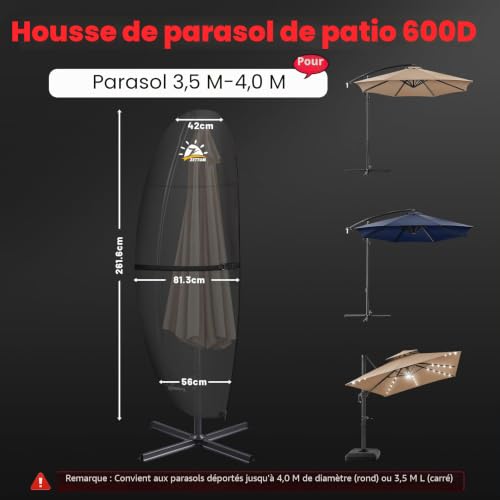 Zettum Housse de Protection pour Parasol 3 à 4 M, Housse Imperméable pour Parasol Cantilever avec Tige, Revêtement PU Oxford 600D Résistant aux UV 260x42x81/56cm – vue 2