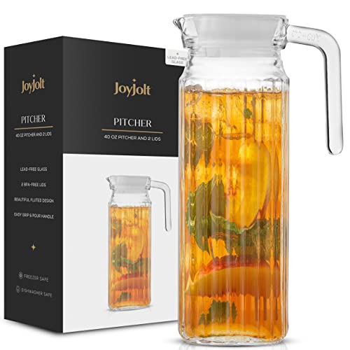 40oz Glass Pitcher with Lid (2 Lids) - Beverage Serveware, Storage Container and Carafe for Cold Drinks and Liquids. Glass Water Pitcher also for Juice, Bedside Carafe, Sun Tea Jar