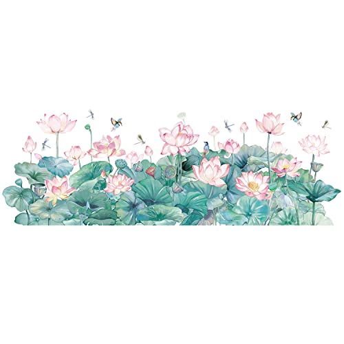 Watercolor Pink Lotus Wall Decals Chinese Style Water Lilies Wall Stickers Vinyl Removable Birds And Dragonflies Art Murals For Living Room Bedroom Office Girls Room Playroom Bathroom Wall Decoration (A) #TOP7