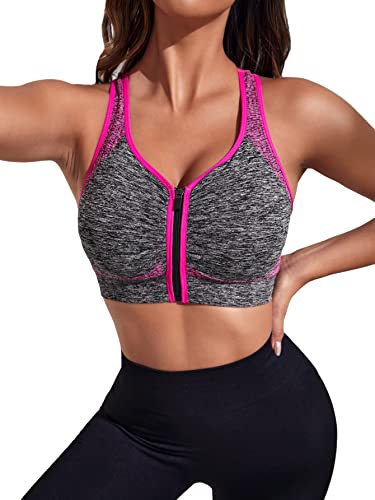 Floerns Sujetadores deportivos activos sin costuras con cremallera en contraste para mujer, Rosa encendido, Large Cover