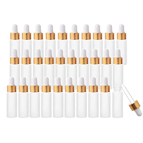 30 Pcs 5ml Frosted Dropper Bottles Essential Oil Bottles With Glass Eye Dropper Perfume Sample Vials Cosmetic Liquid Bottles(Gold)