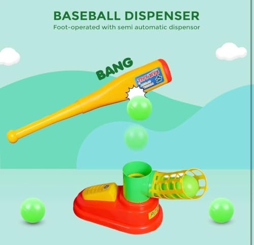 Image of Kids Baseball Toy Set with Automatic Pedal Launcher | Retractable Bat and Green Balls | Outdoor Sports Training Practice Game for Boys and Girls | Basball Practice Game Toy
