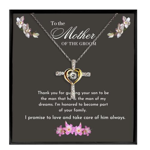Mother of the Groom Gifts from Bride (.925) Stirling Silver Cross Necklace, Gift for Moms on Wedding Day Card and Jewelry, Mother in Law Wedding Gift from Bride