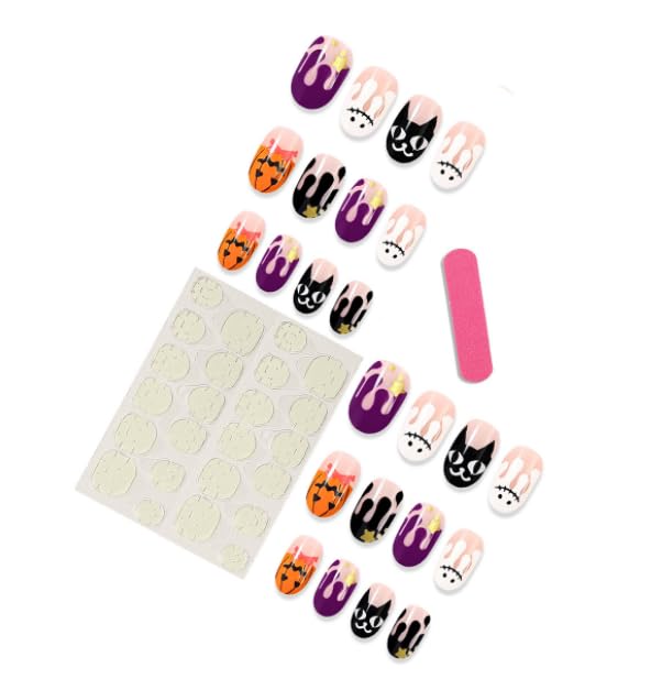 Halloween nails Press on Nails Fake Nails Tips Full Cover Medium False Gradient Nails for Women and Girls 24PCS (Halloween, Middle nail)