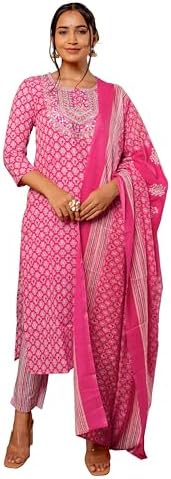 MIRCHI FASHION Women's Straight Fit Cotton Block Printed Mirror Embroidered Kurta Set with Dupatta and Trouser