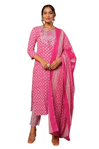 MIRCHI FASHION Women's Straight Fit Cotton Block Printed Mirror Embroidered Kurta Set with Dupatta and Trouser