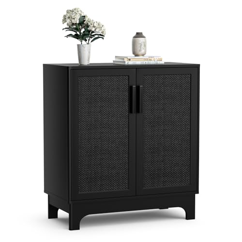 Yvsevnr Rattan Sideboards for Living Room Black Kitchen Storage Cupboard