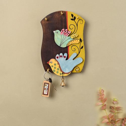 Image of AAKRITI ART CREATIONS Key Holder, Bird Haven Key Holder | Rustic Wooden Wall Organizer with 5 Hooks | New Home Gifts | Multifunctional Entryway Decor Item