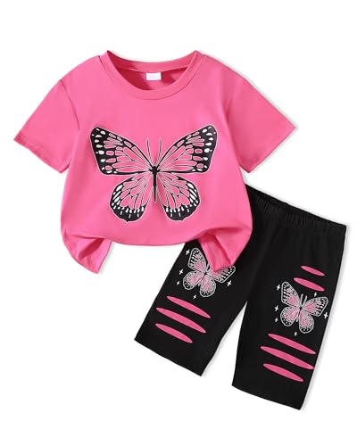 Doresbebe Girl Clothes Size 8-9 Summer 2 Piece Outfits Set 8-9 Years Girls Cute Summer Short Sleeve T-shirt Shorts Vibrant Butterfly Print 9 Years Old Lovely Girl Trendy Casual Kids Outfit Rose