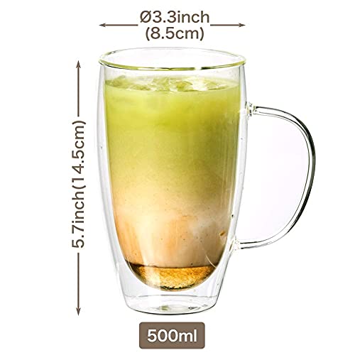 Ezoware Set Of 4 Double Wall Coffee Espresso Cup Set, 16Oz Clear Glass Thermal Insulated Mug With Handles For Hot Or Cold Beverages, Coffee, Tea, Latte #TOP1