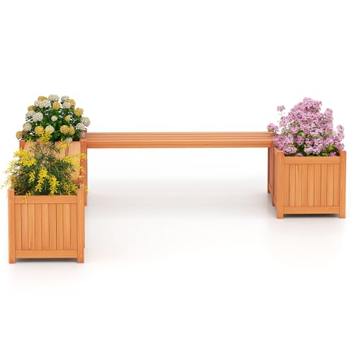 Giantex 4-in-1 Outdoor Bench with 4 Planter Boxes, Wood with Teak Oil Finish, Garden Bench Seat with Raised Garden Beds for Porch Balcony Lawn Yard, DIY Assembly, Orange